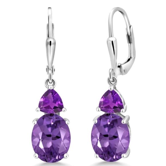 925 Sterling Silver with 5.40 Cttw Amethyst Leverback Dangling Drop Earrings